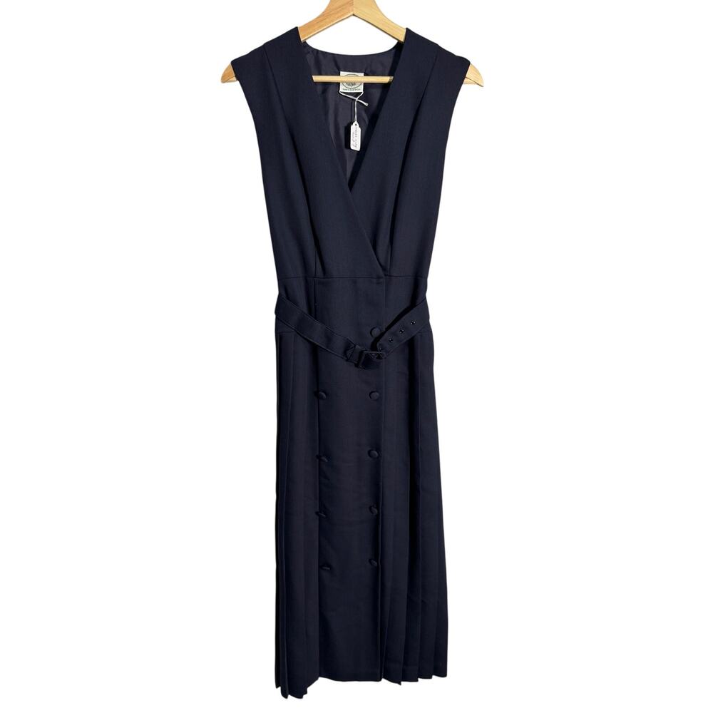 Vintage Laura Ashley Navy Belted Midi Dress | Double‑Breasted Buttons | Sz 4